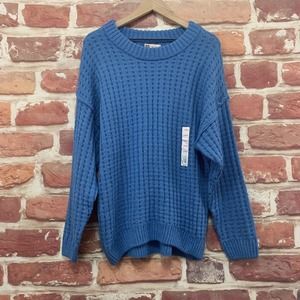SO Sweater Women's Large Plain Blue Waffle Knit Crew Neck Long Sleeve Pullover